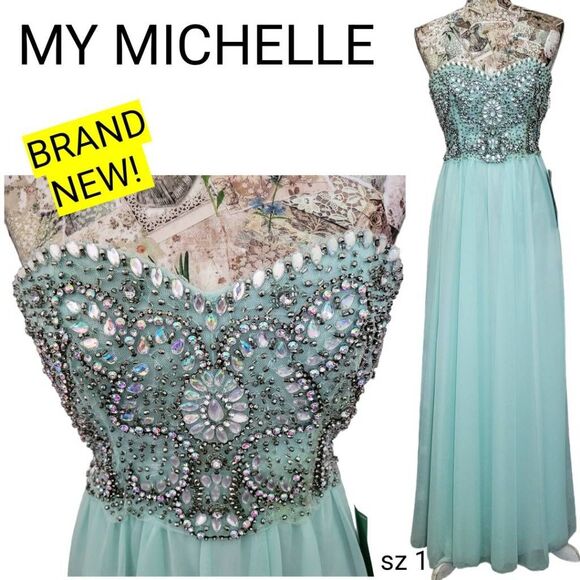 Formal Rhinestone Strapless Sparkle Blue Flowy Gown Long Maxi Dress BRAND NEW! - Picture 3 of 16